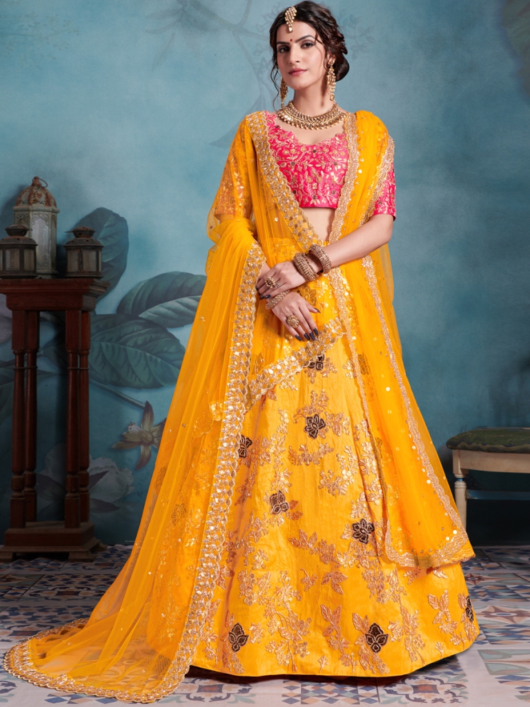 Amber Yellow Art Silk Embroidered Party Lehenga Choli