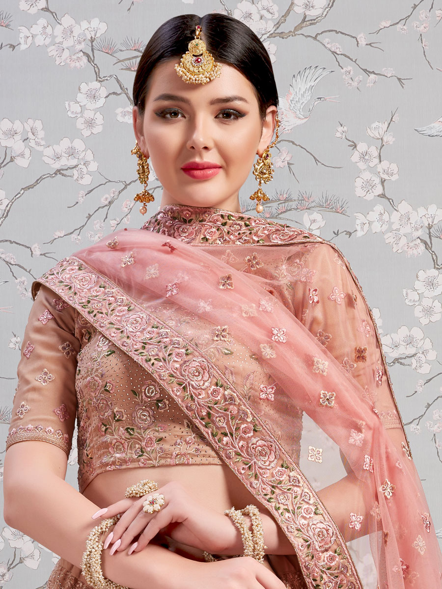 Puce Pink Faux Georgette Embroidered Wedding Lehenga Choli