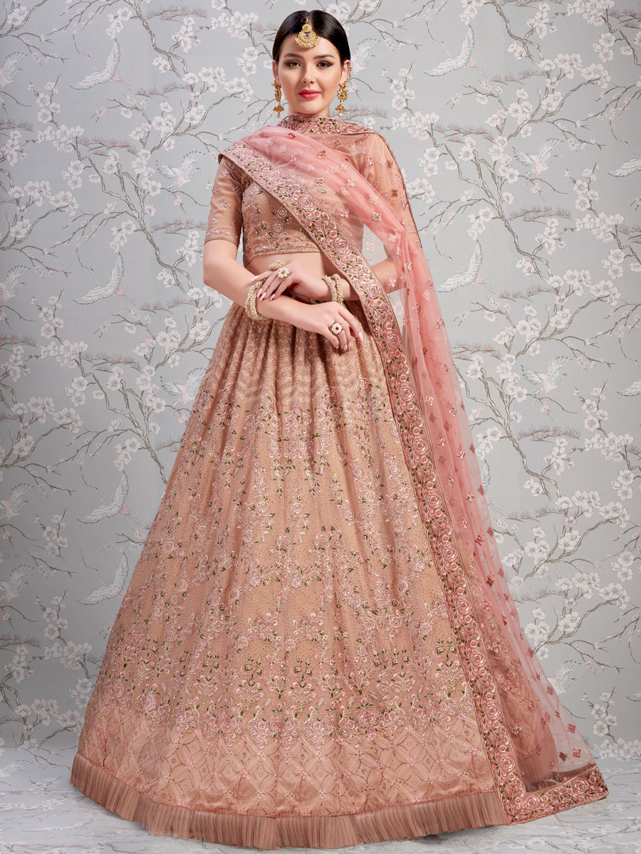 Puce Pink Faux Georgette Embroidered Wedding Lehenga Choli