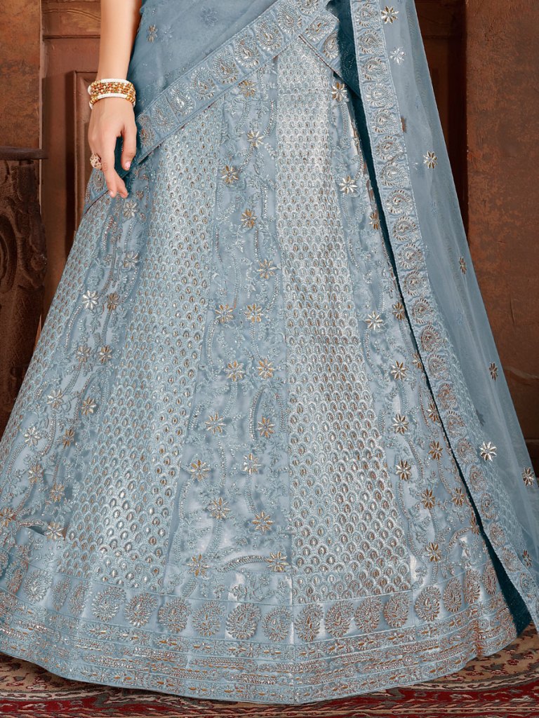 Columbia Blue Net Embroidered Wedding Lehenga Choli