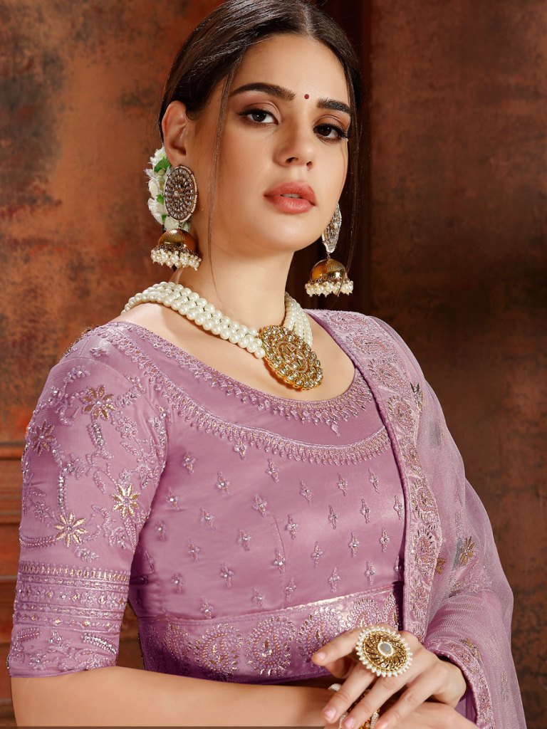 Light Purple Net Embroidered Wedding Lehenga Choli