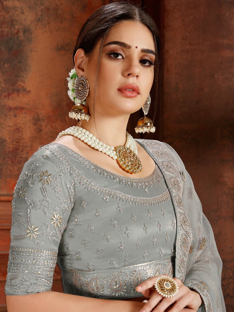 Gray Net Embroidered Wedding Lehenga Choli