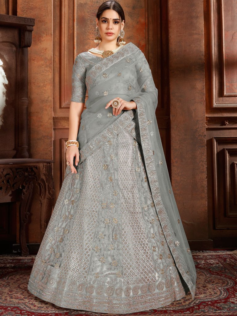 Gray Net Embroidered Wedding Lehenga Choli