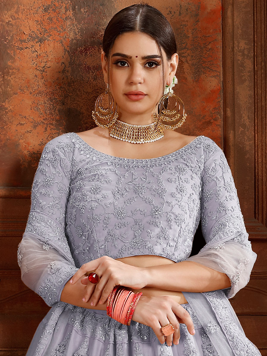 Gray Net Embroidered Wedding Lehenga Choli