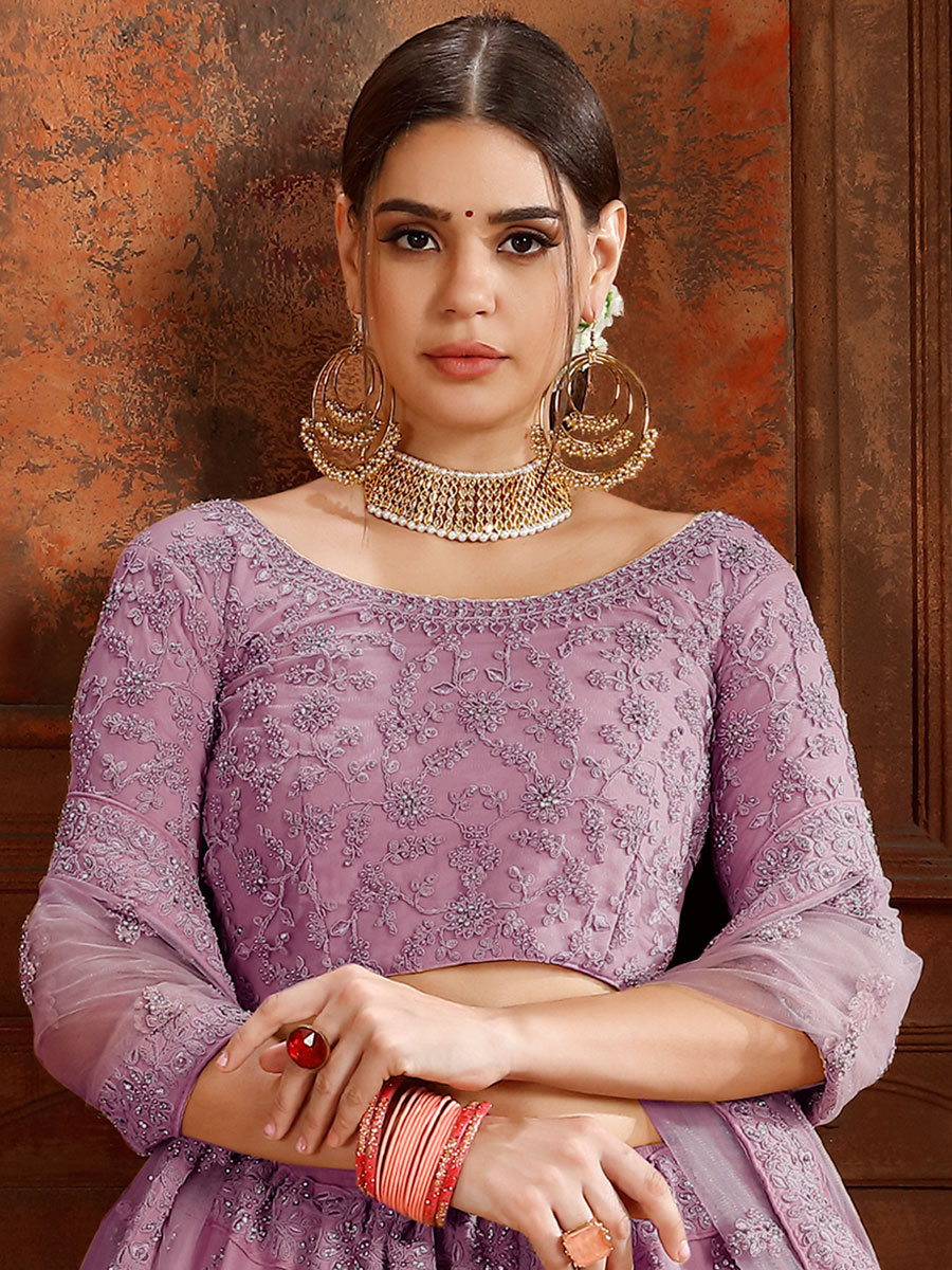 Light Purple Net Embroidered Wedding Lehenga Choli