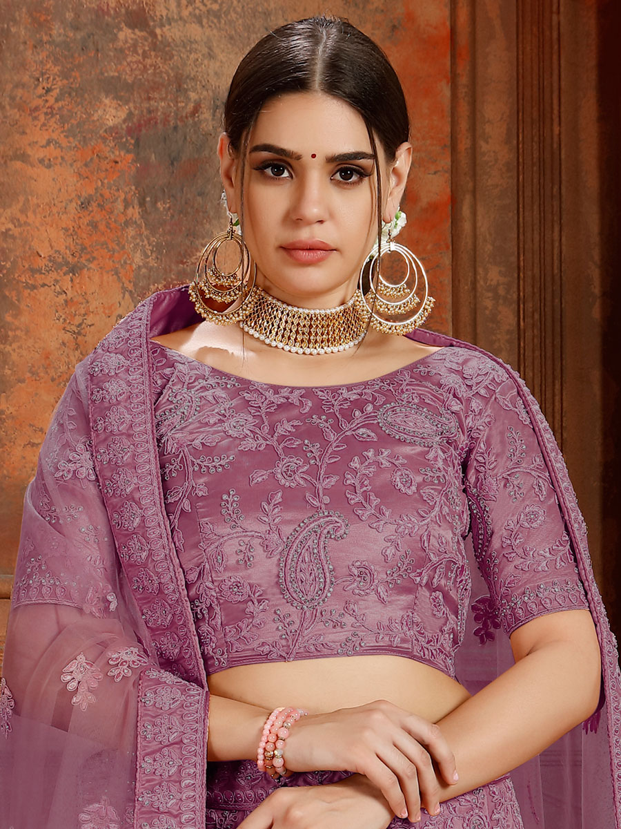 Purple Net Embroidered Wedding Lehenga Choli