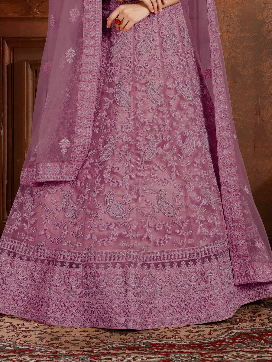 Purple Net Embroidered Wedding Lehenga Choli