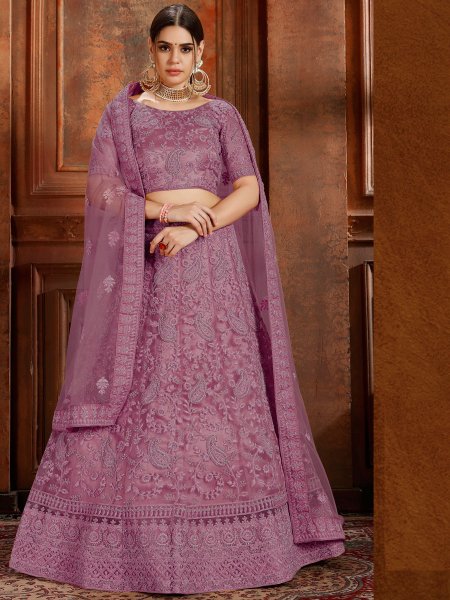 Purple Net Embroidered Wedding Lehenga Choli