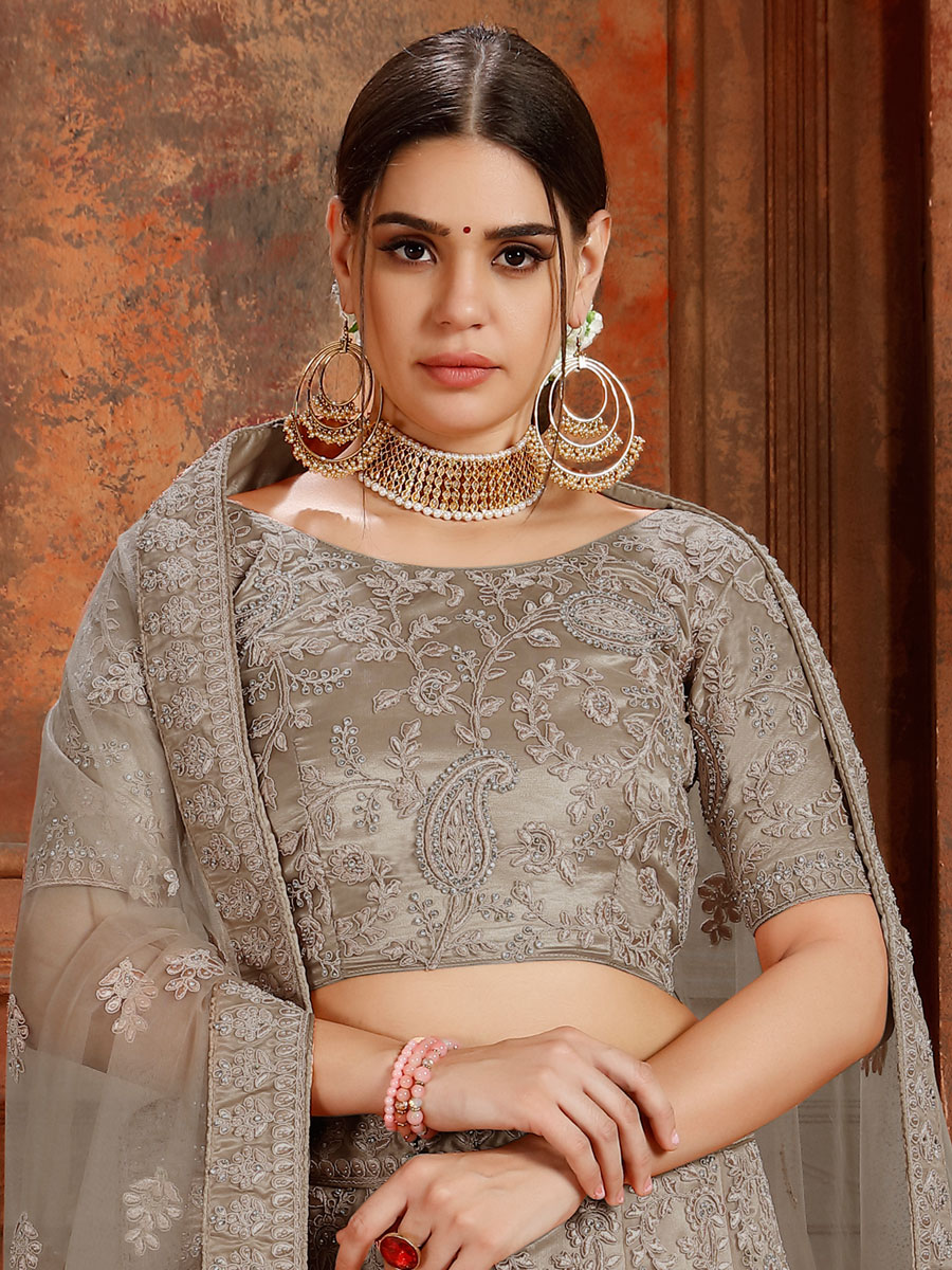 Gray Net Embroidered Wedding Lehenga Choli