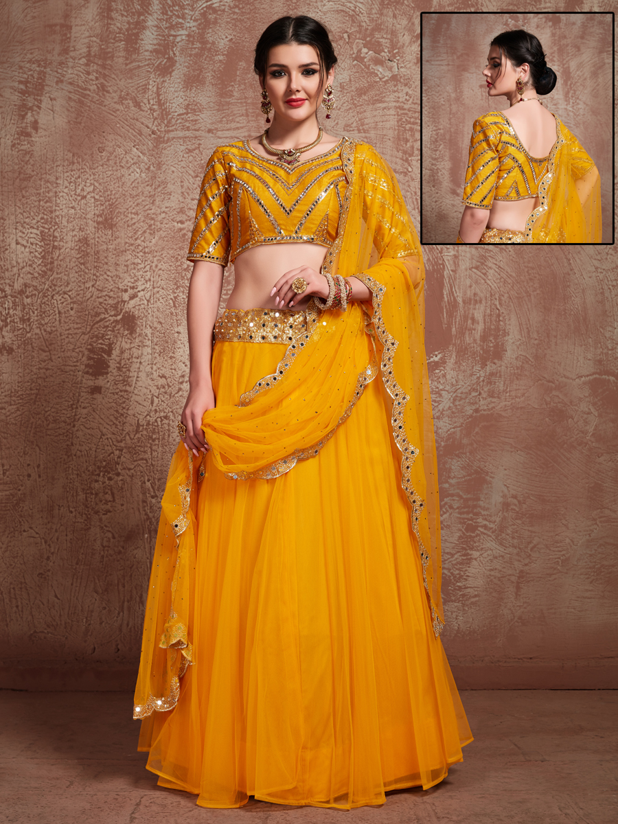 Amber Yellow Soft Net Embroidered Party Lehenga Choli