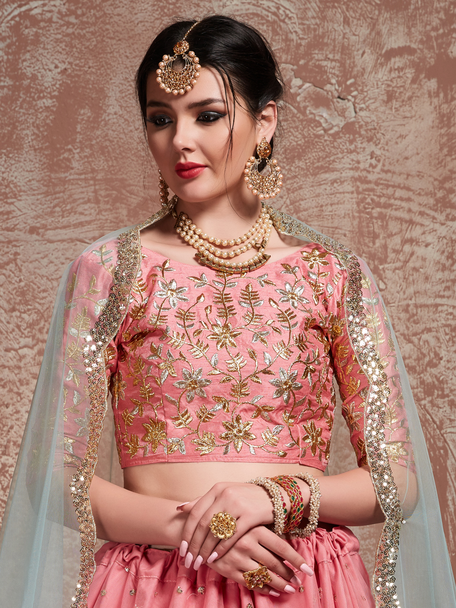 Salmon Pink Soft Net Embroidered Party Lehenga Choli
