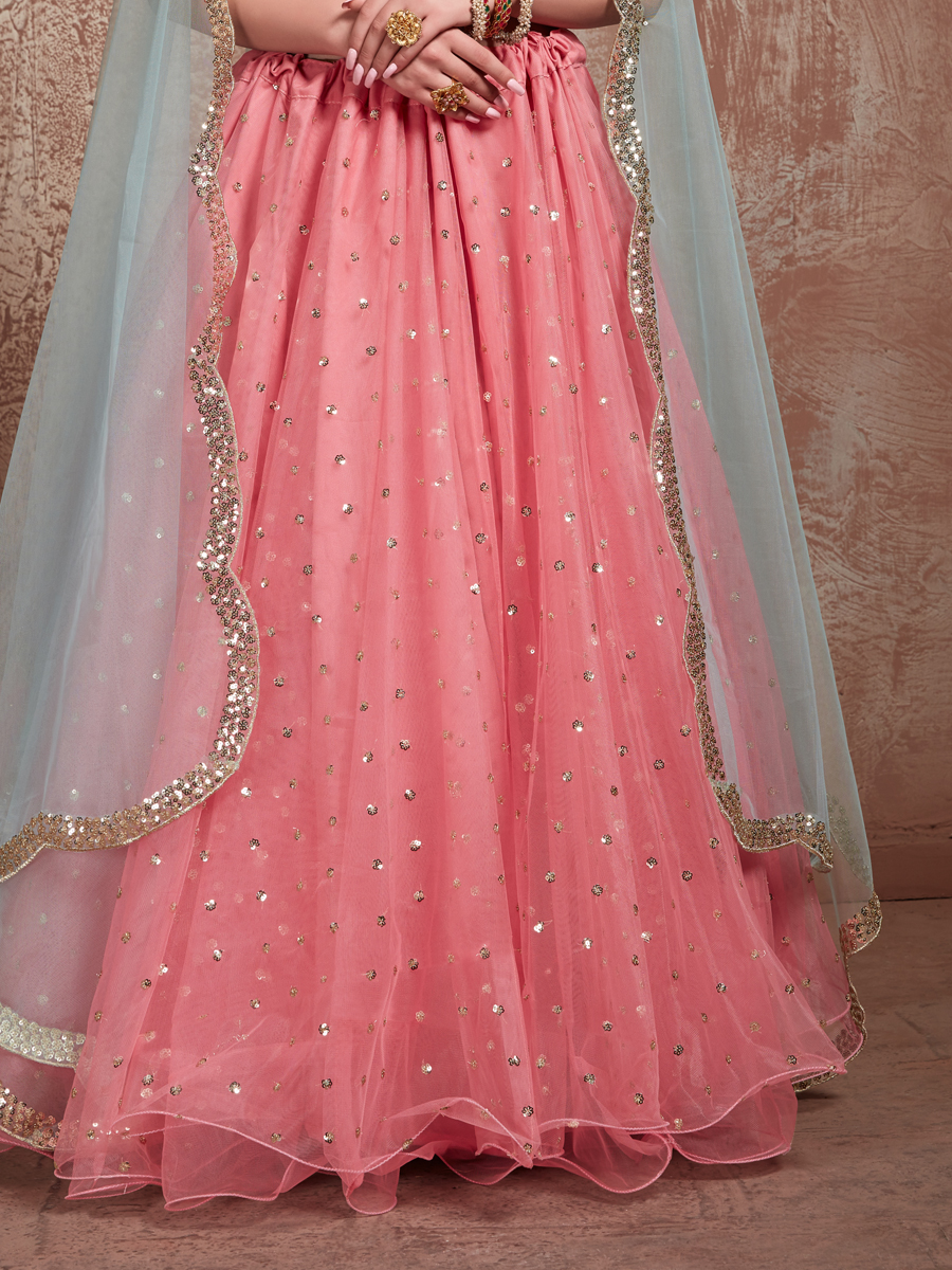 Salmon Pink Soft Net Embroidered Party Lehenga Choli