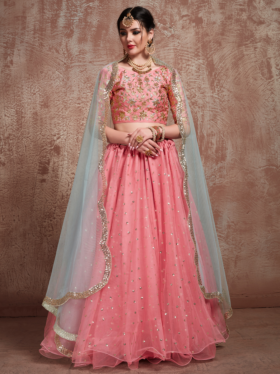 Salmon Pink Soft Net Embroidered Party Lehenga Choli