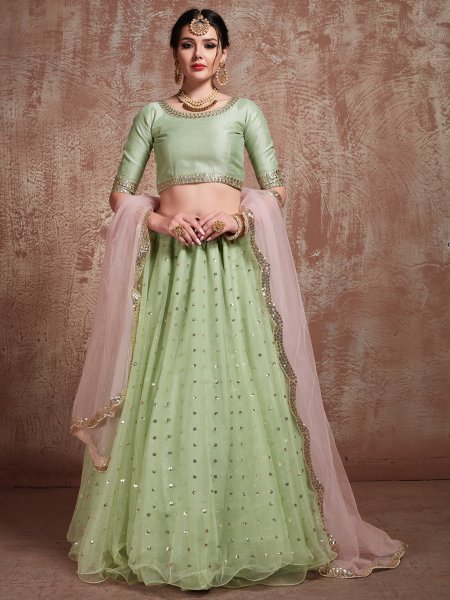 Moss Green Soft Net Embroidered Party Lehenga Choli