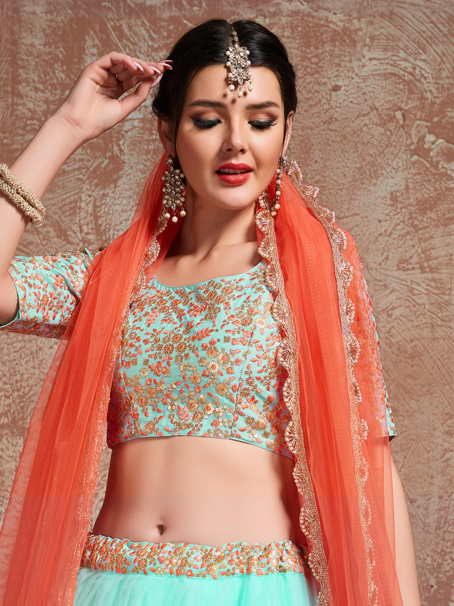 Turquoise Blue Soft Net Embroidered Party Lehenga Choli