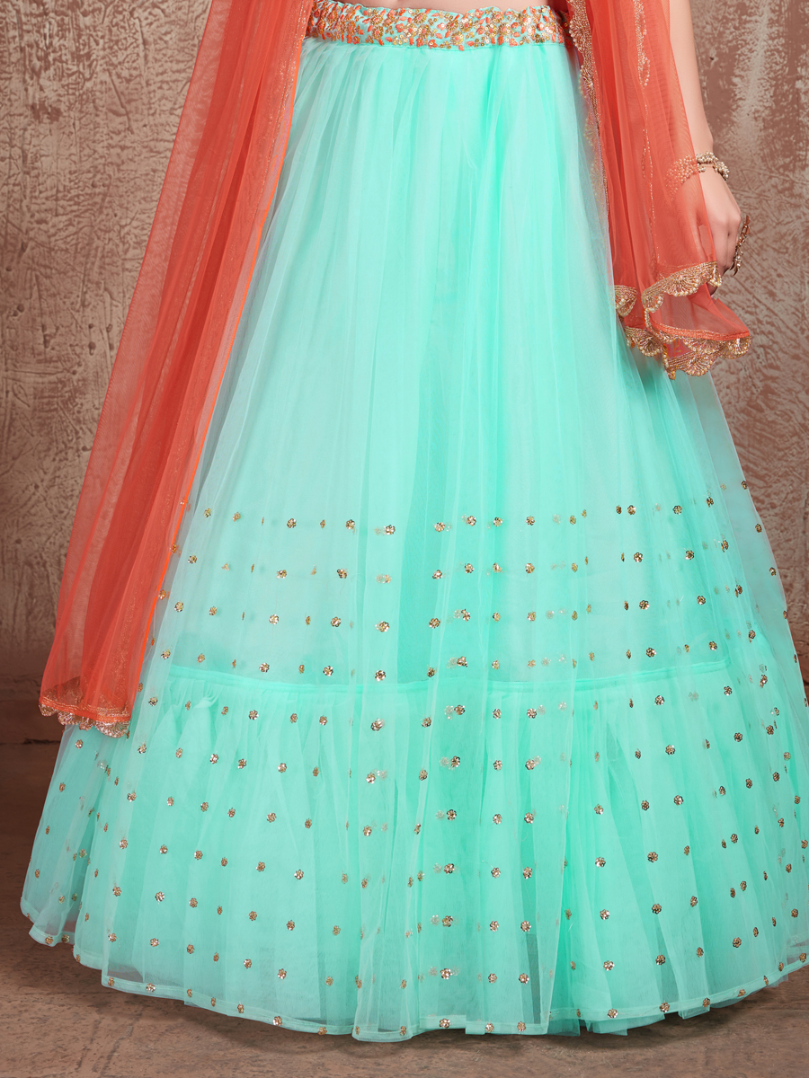 Turquoise Blue Soft Net Embroidered Party Lehenga Choli