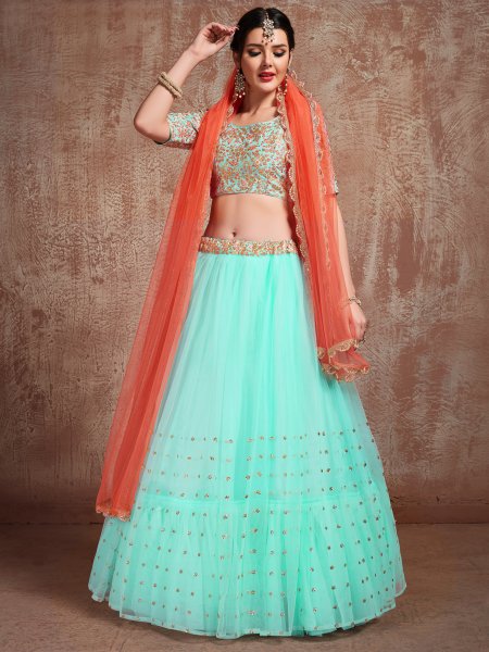 Turquoise Blue Soft Net Embroidered Party Lehenga Choli