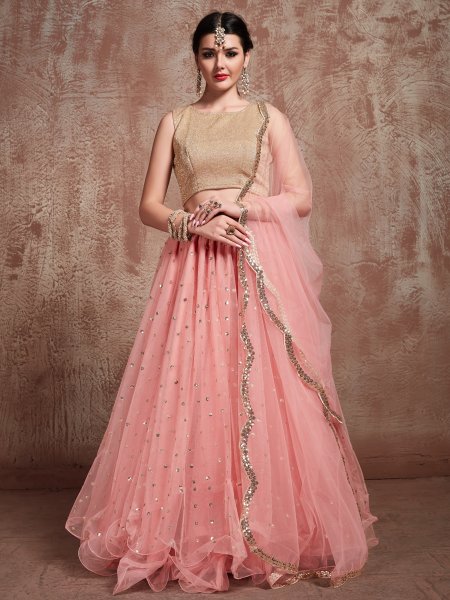 Salmon Pink Soft Net Embroidered Party Lehenga Choli