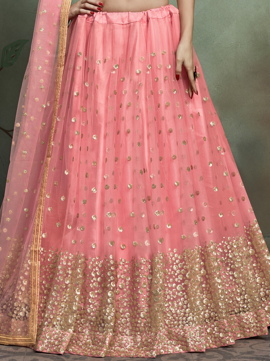 Salmon Pink Lycra Embroidered Party Lehenga Choli