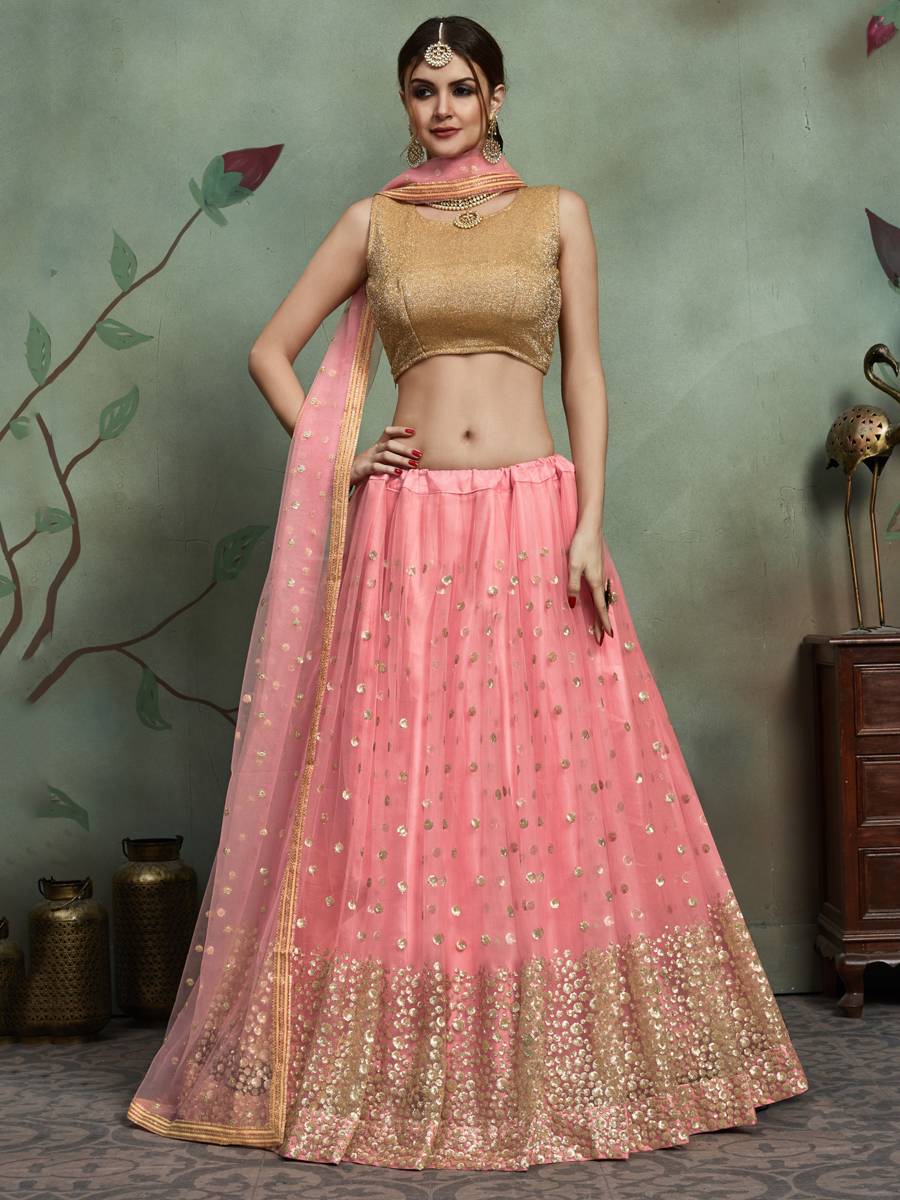 Salmon Pink Lycra Embroidered Party Lehenga Choli