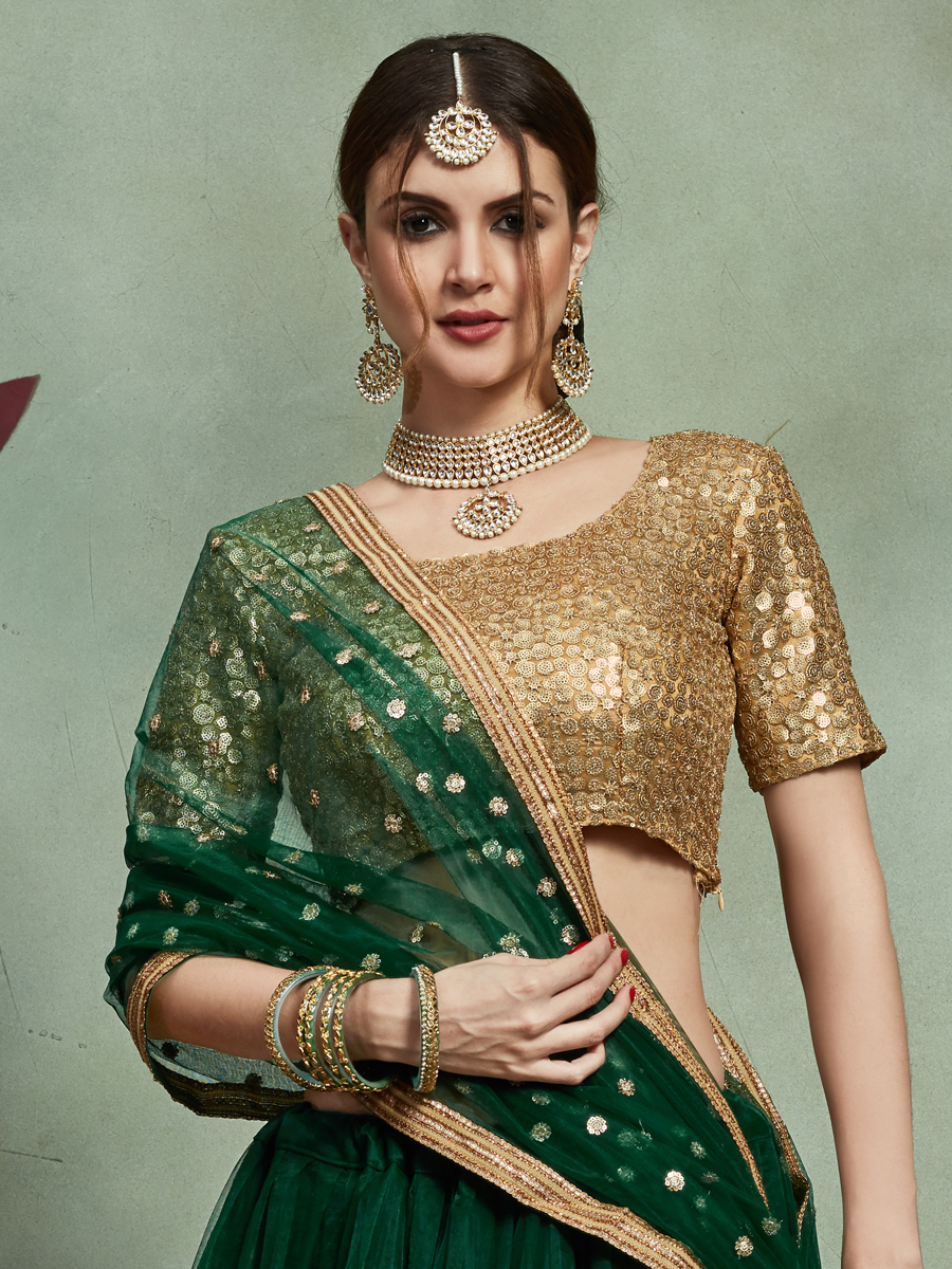 Myrtle Green Net Embroidered Party Lehenga Choli