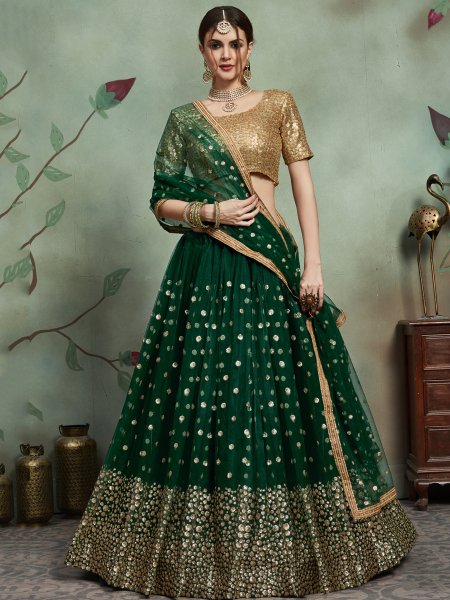 Myrtle Green Net Embroidered Party Lehenga Choli