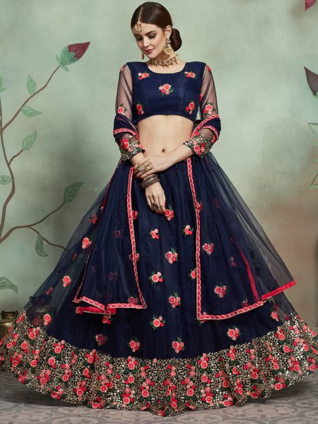 Sapphire Blue Net Embroidered Party Lehenga Choli