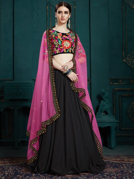 Black Faux Georgette Embroidered Party Lehenga Choli