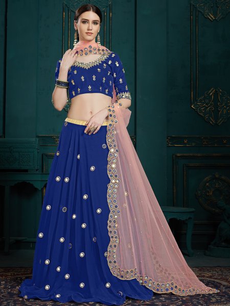 Navy Blue Faux Georgette Embroidered Party Lehenga Choli