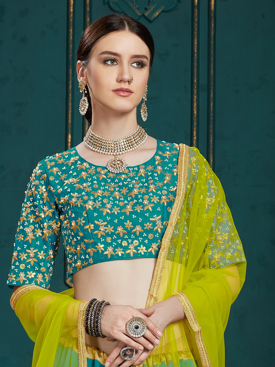 Teal Blue Faux Georgette Embroidered Party Lehenga Choli