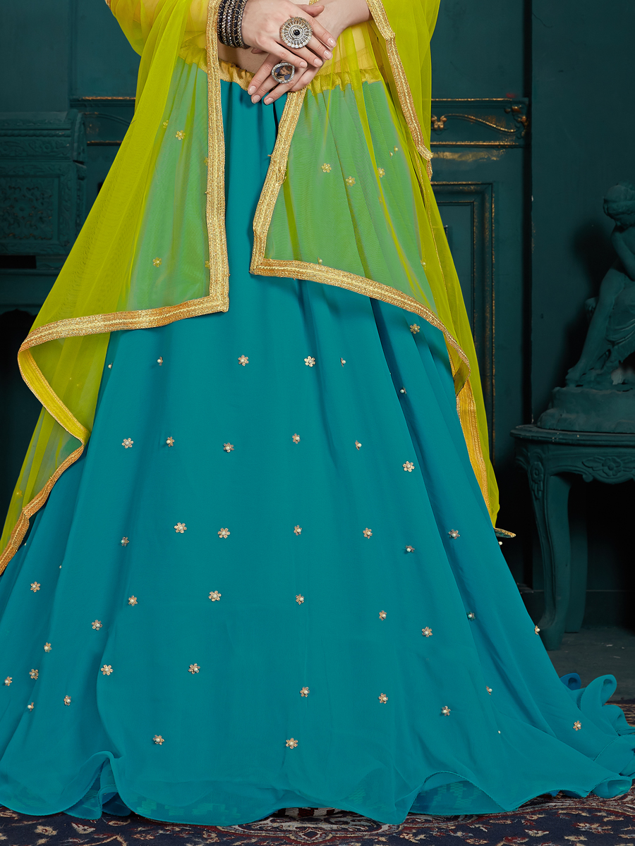 Teal Blue Faux Georgette Embroidered Party Lehenga Choli