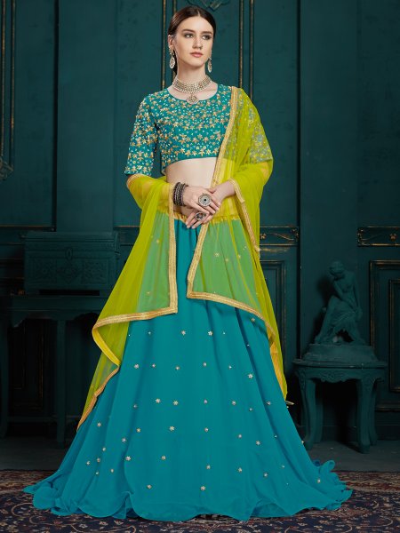 Teal Blue Faux Georgette Embroidered Party Lehenga Choli