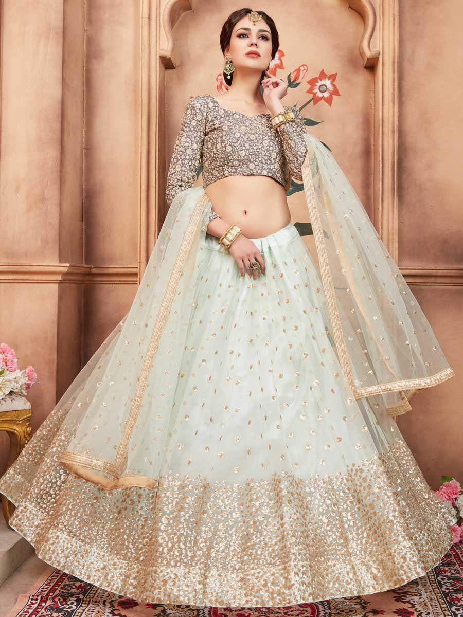Alice Blue Net Party Embroidered Lehenga Choli