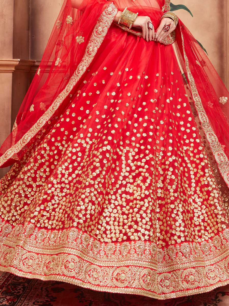Coral Red Net Party Embroidered Lehenga Choli
