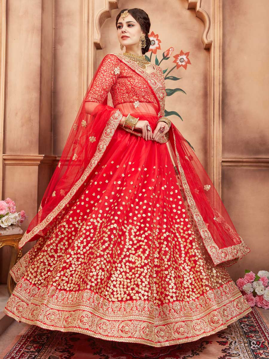 Coral Red Net Party Embroidered Lehenga Choli