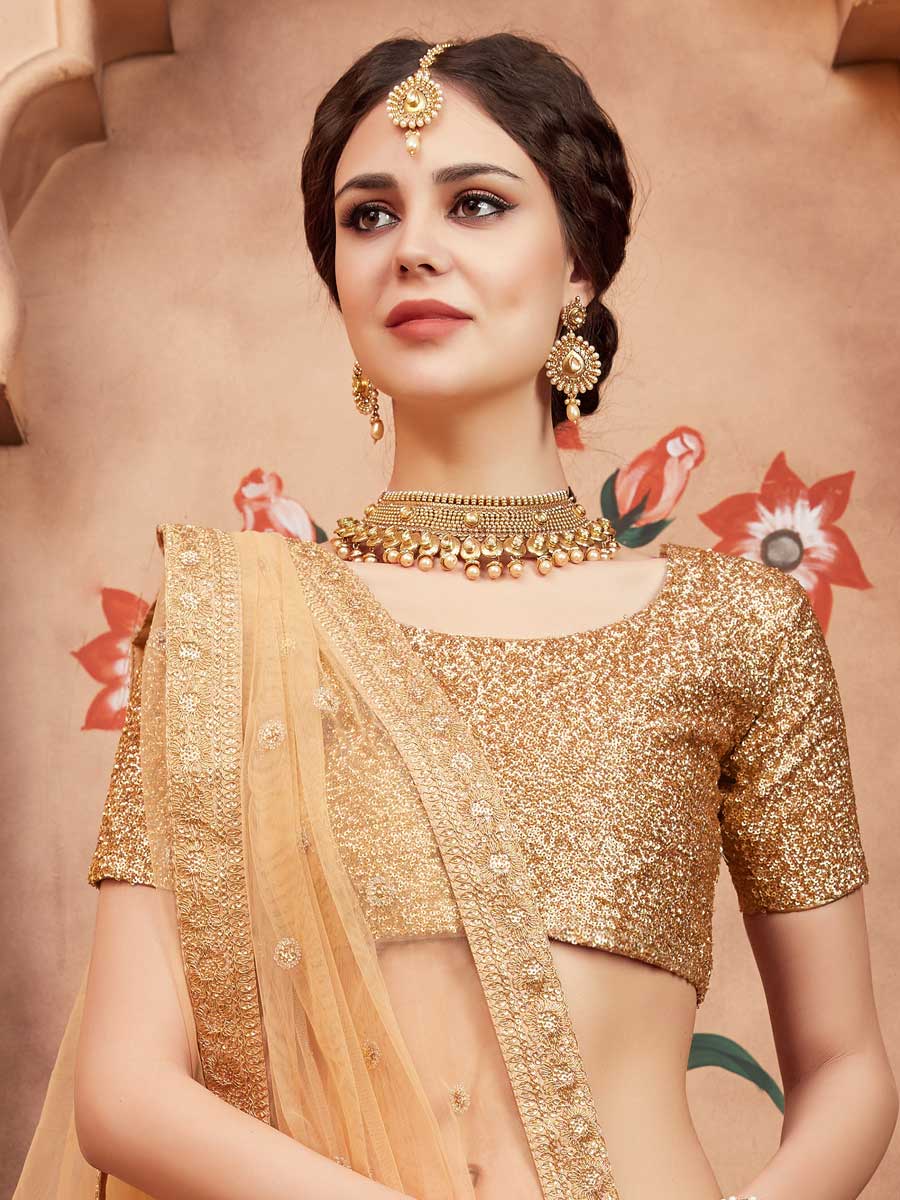 Peach Yellow Net Party Embroidered Lehenga Choli