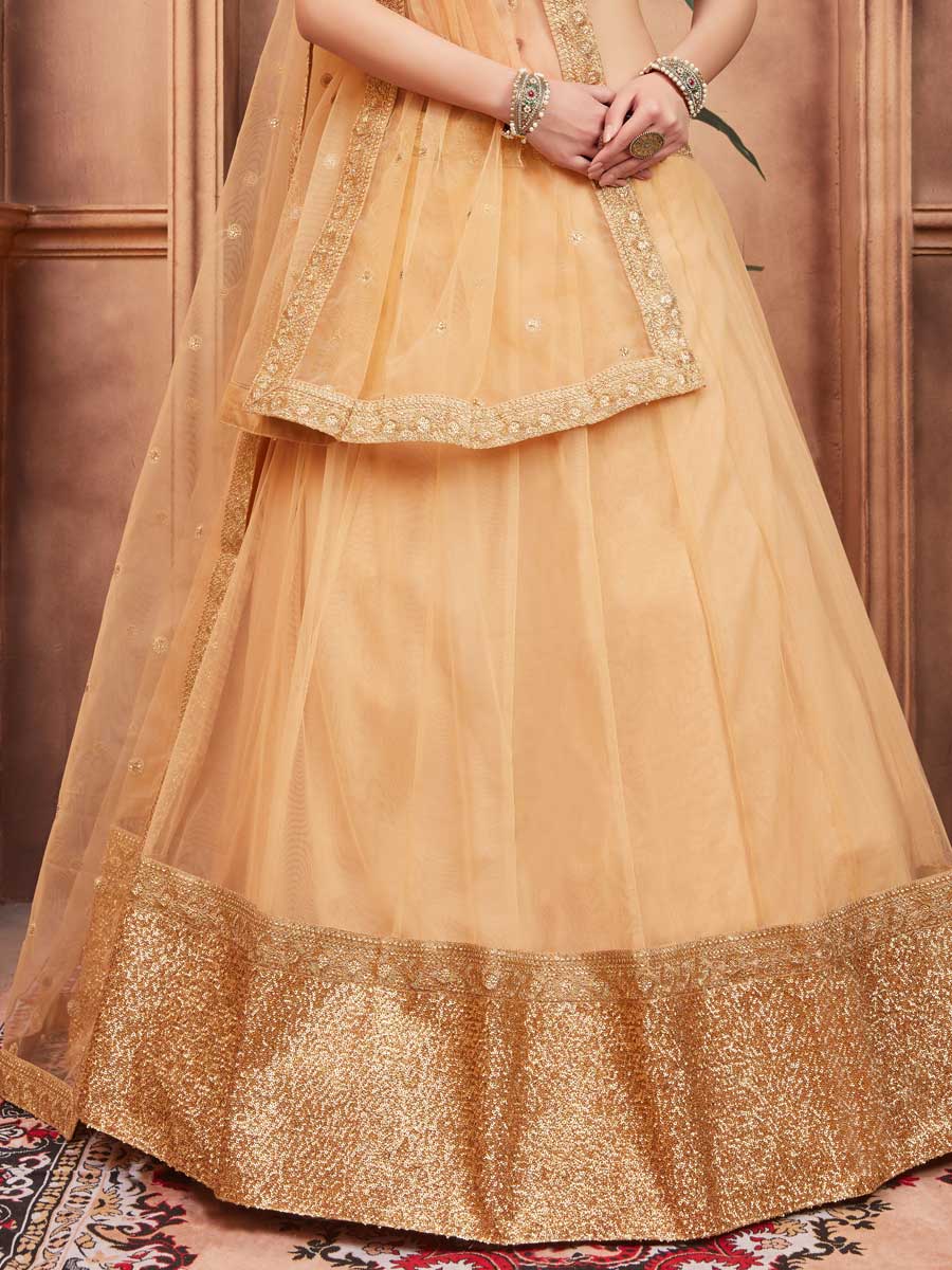 Peach Yellow Net Party Embroidered Lehenga Choli