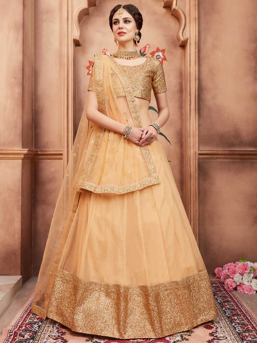 Peach Yellow Net Party Embroidered Lehenga Choli