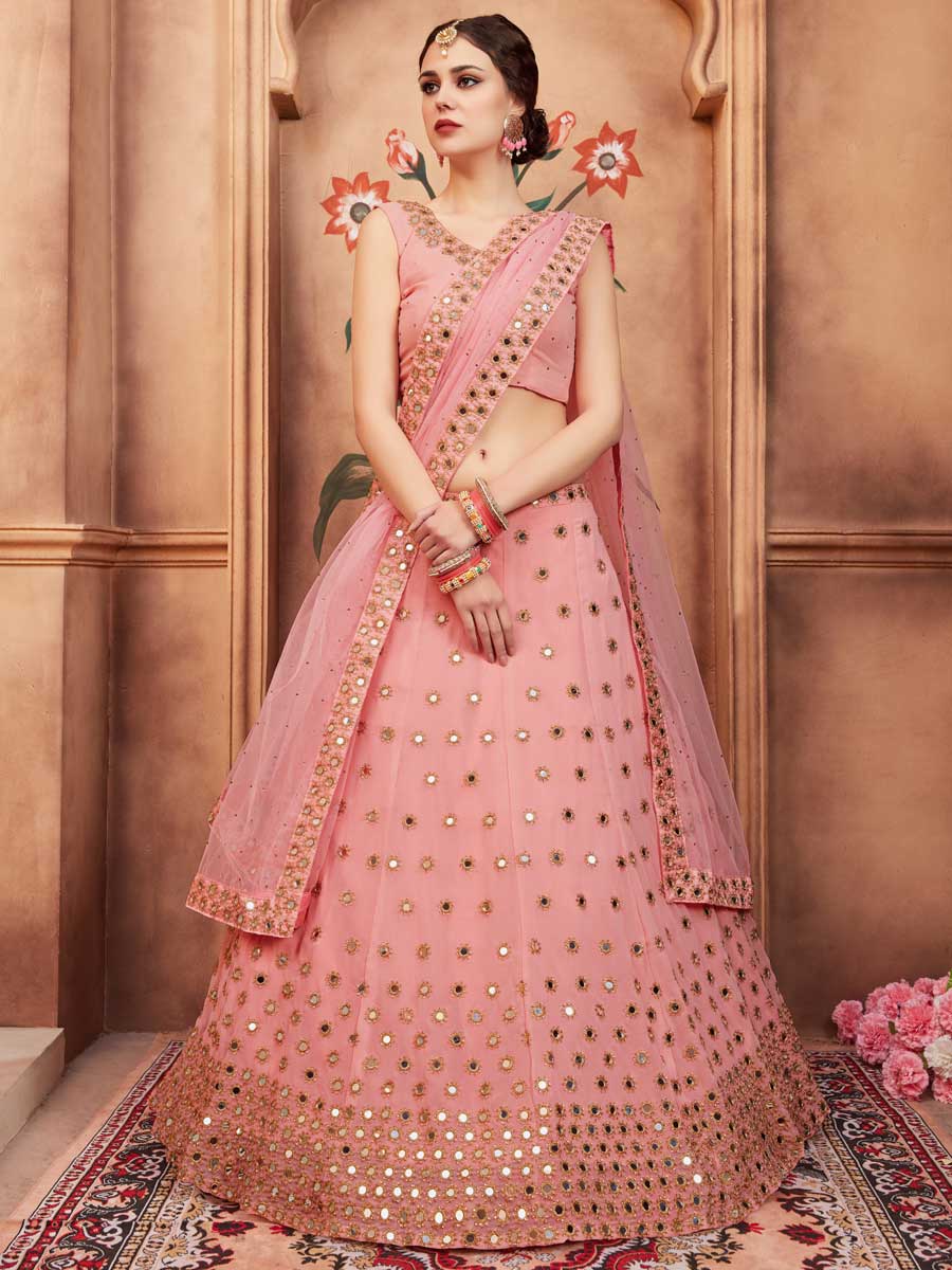 Salmon Pink Faux Georgette Party Embroidered Lehenga Choli