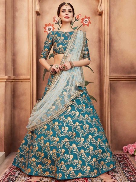 Teal Green Art Silk Party Embroidered Lehenga Choli