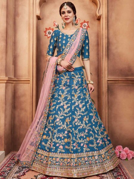 Cerulean Blue Art Silk Party Embroidered Lehenga Choli