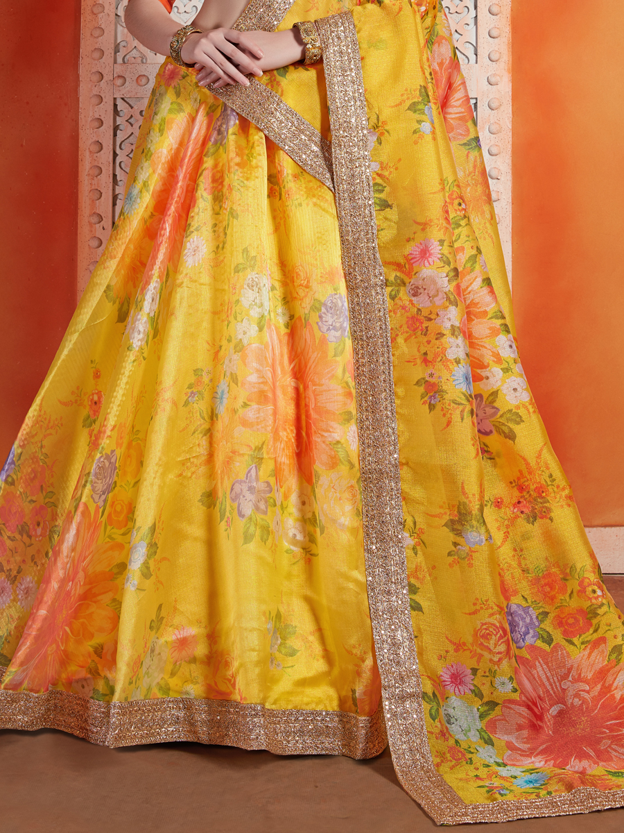 Saffron Yellow Organza Embroidered Wedding Lehenga