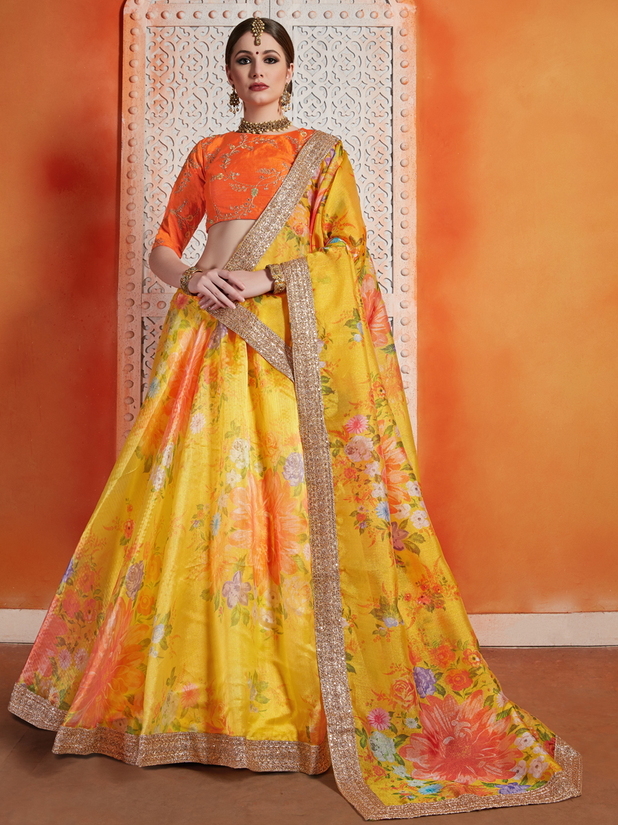 Saffron Yellow Organza Embroidered Wedding Lehenga