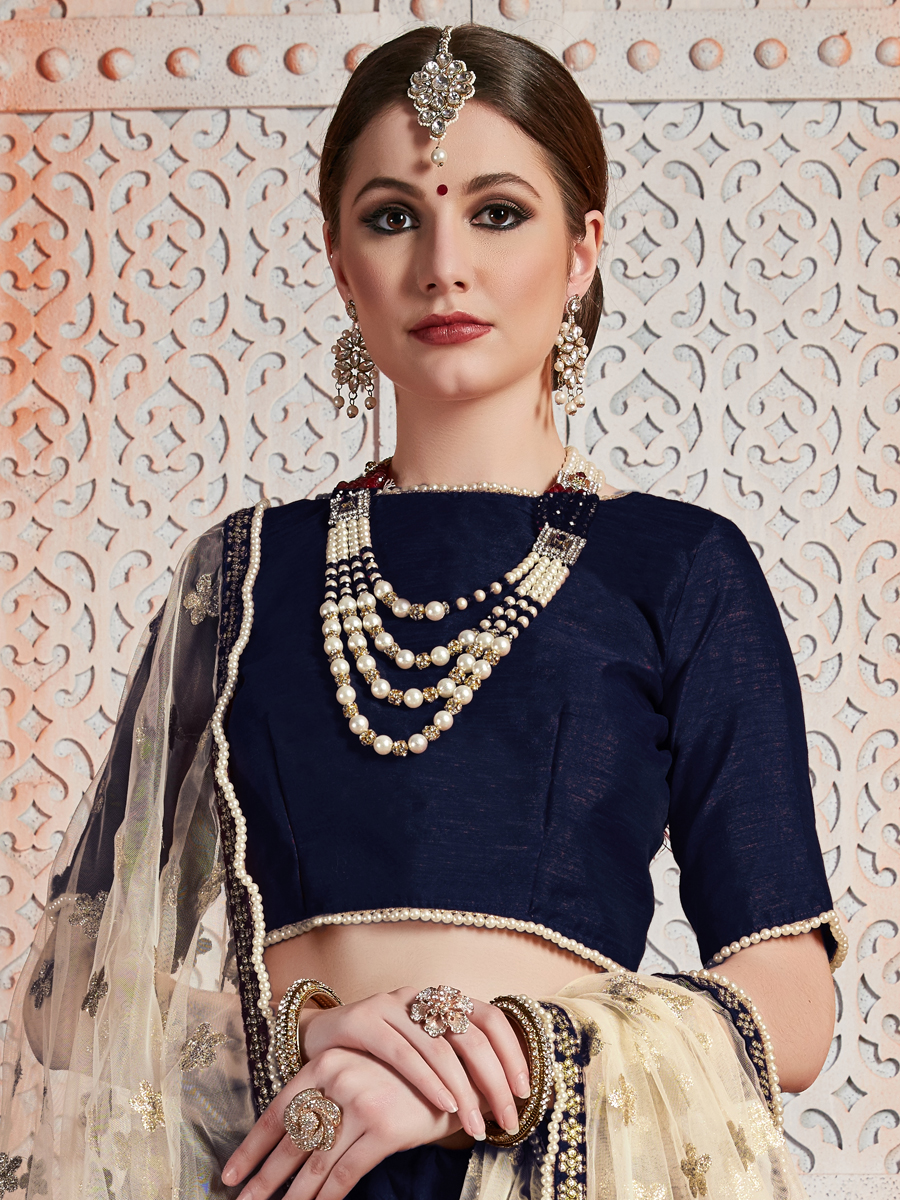 Sapphire Blue Art Silk Embroidered Wedding Lehenga