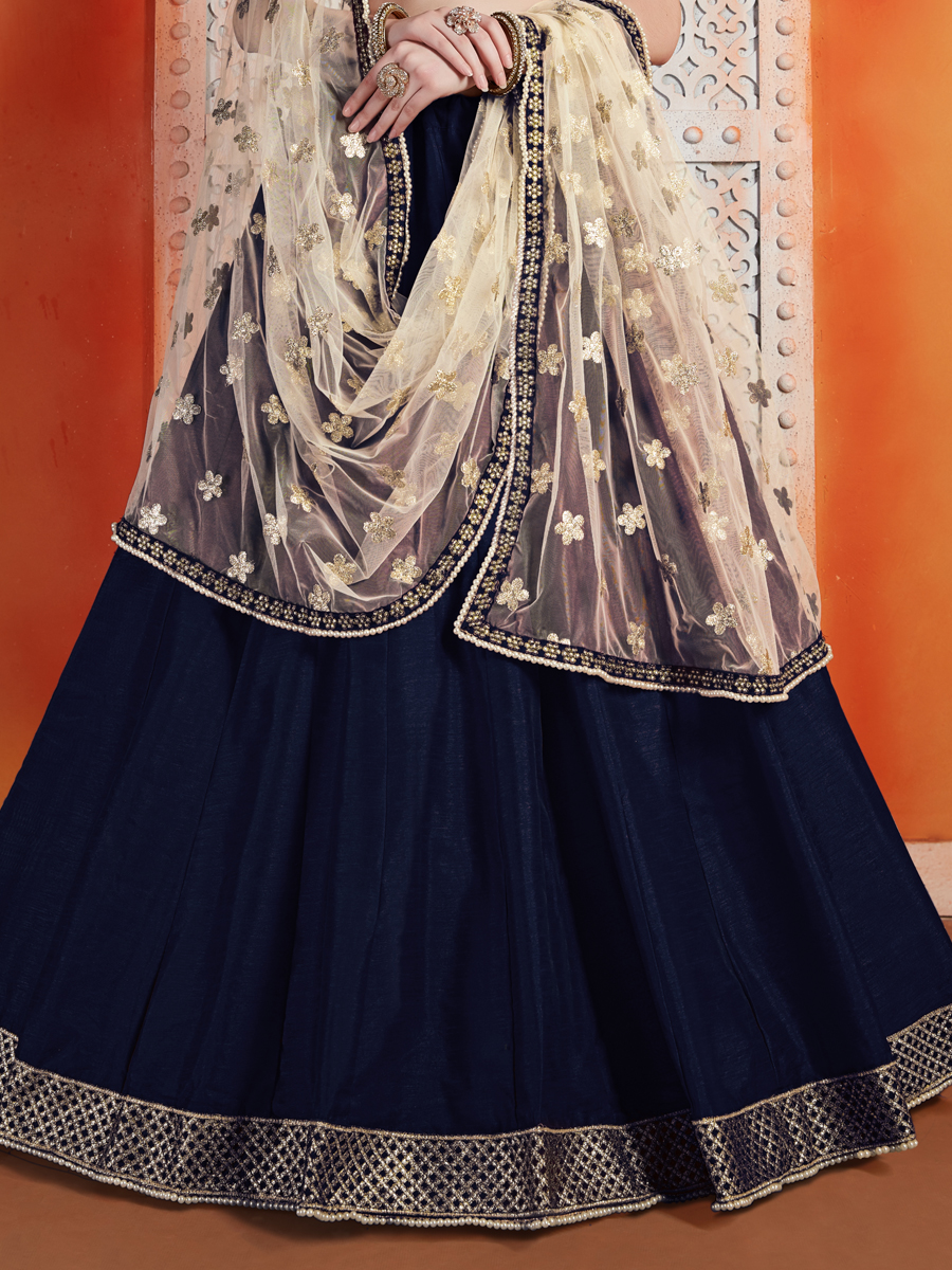 Sapphire Blue Art Silk Embroidered Wedding Lehenga