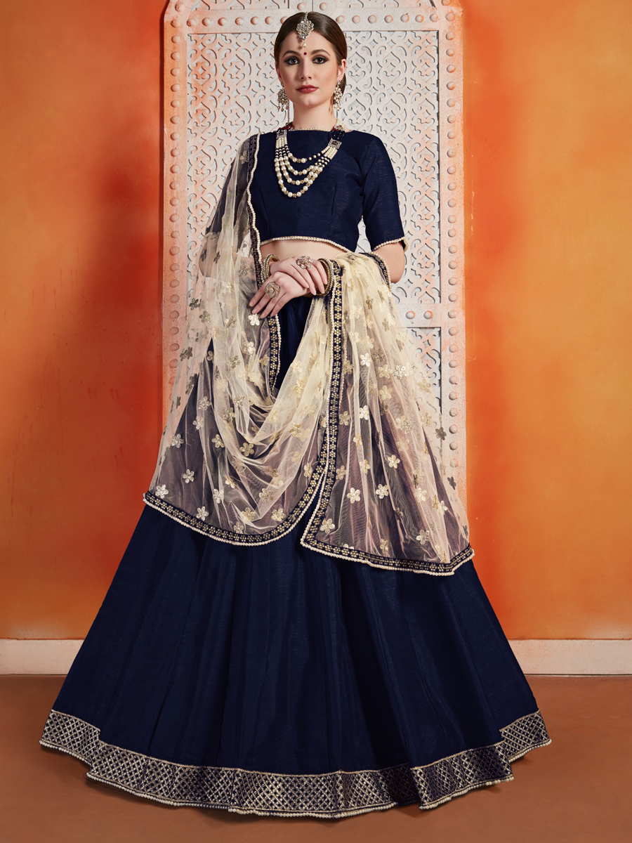Sapphire Blue Art Silk Embroidered Wedding Lehenga