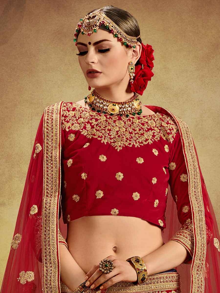 Venetian Red Velvet Embroidered Bridal Lehenga Choli