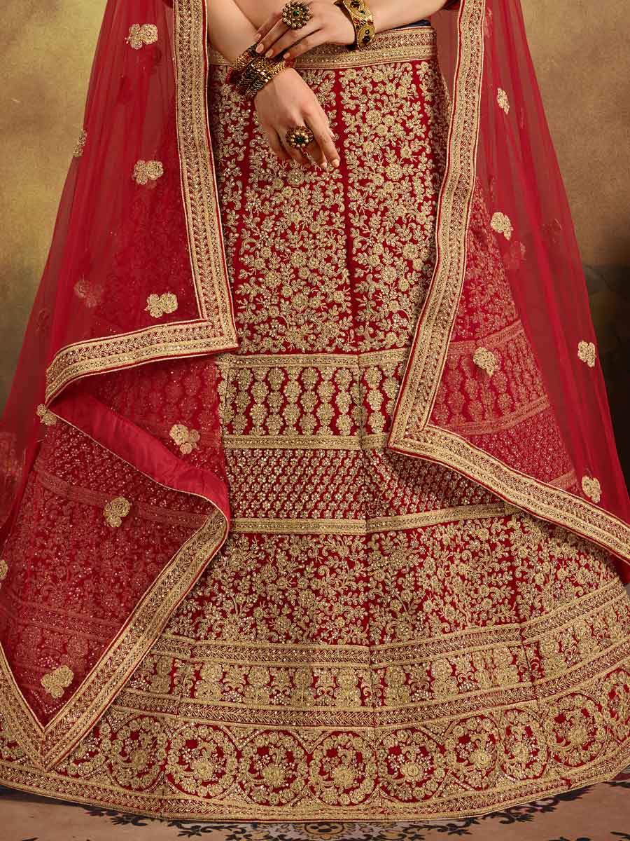Venetian Red Velvet Embroidered Bridal Lehenga Choli