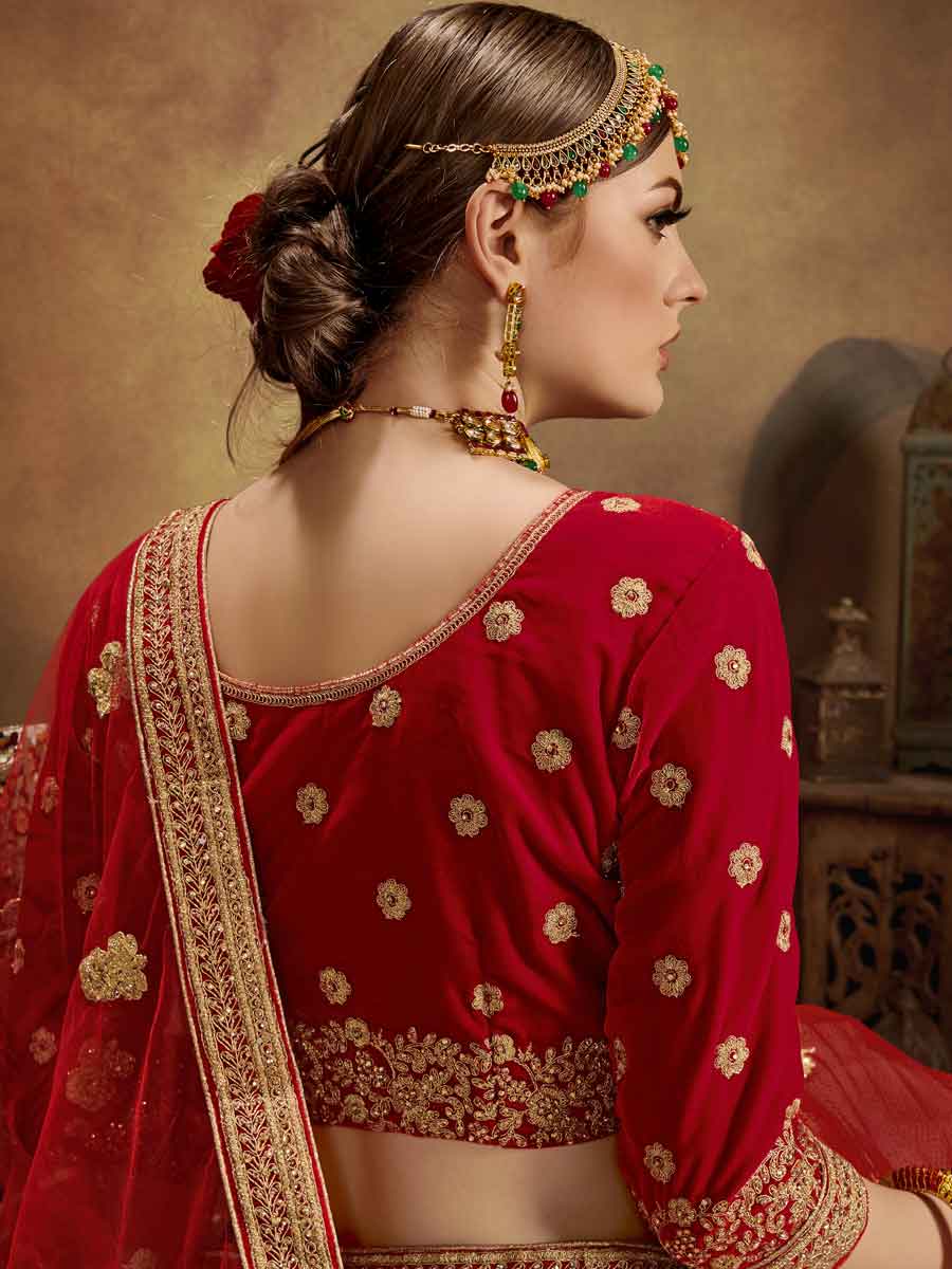 Venetian Red Velvet Embroidered Bridal Lehenga Choli