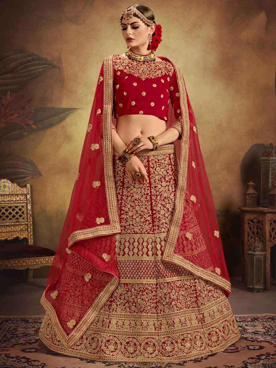 Venetian Red Velvet Embroidered Bridal Lehenga Choli